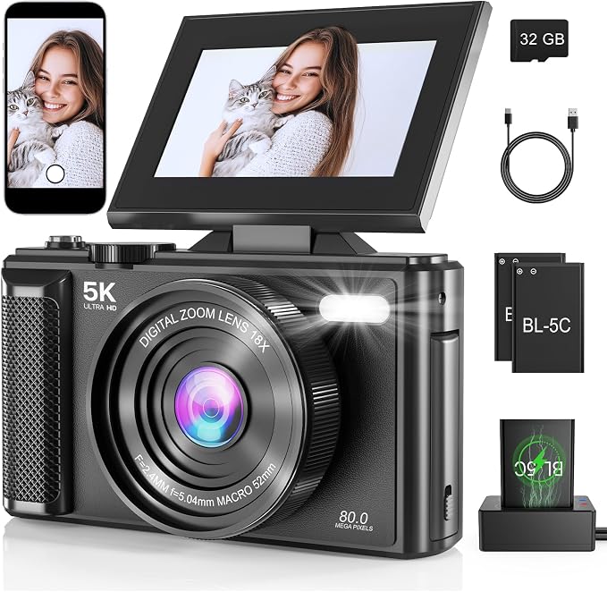 5K Vlogging Digital Camera for Beginners, 80MP Travel Camera for Photography by Dorida
