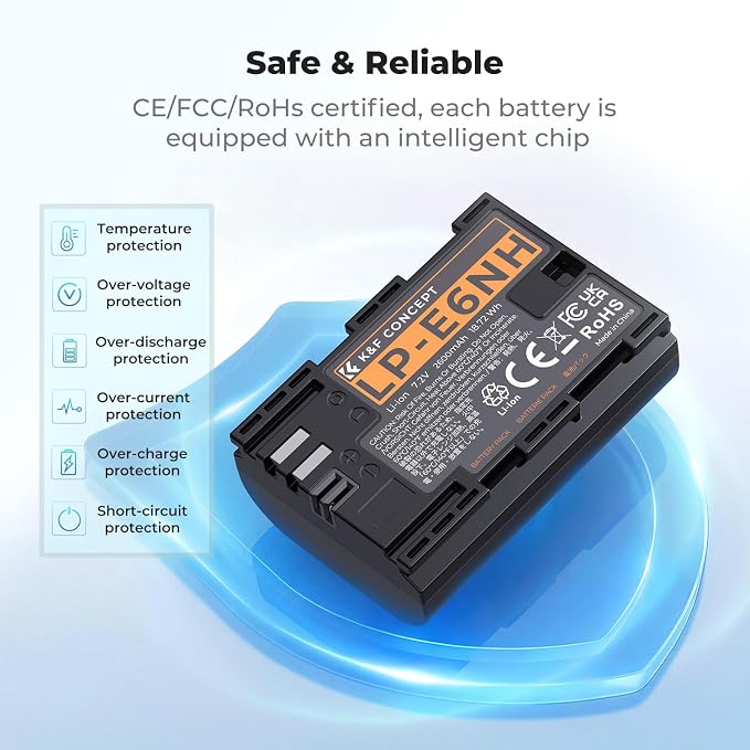 K&F CONCEPT 2600mAh LP-E6NH Battery and 3-Slot Battery Charger Compatible - Image 6