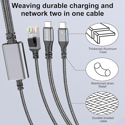 USB C to Ethernet Cable with Charging 6.6 Feet, USB-C Male 100W PD & Gigabit - Image 6