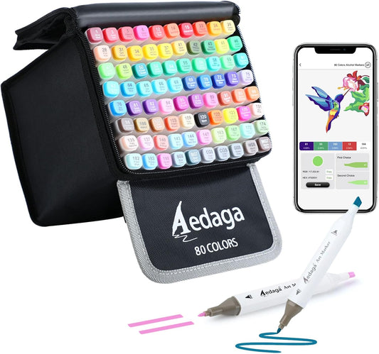 80 Colors Alcohol Markers with Free App, Dual Tip Art Marker with Kickstand Case for Artists Adults and Kids. Alcohol Based Markers for Coloring Painting Sketching and Drawing, Great Gift
