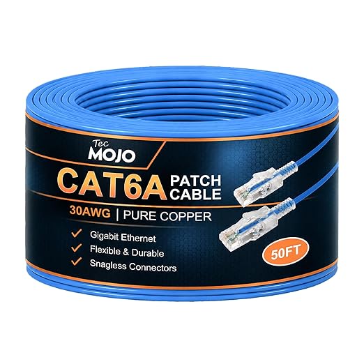 Tecmojo UL Listed Ultra-Slim Cat6a 50ft Ethernet Patch Cable, 30AWG 100% Pure by Tecmojo