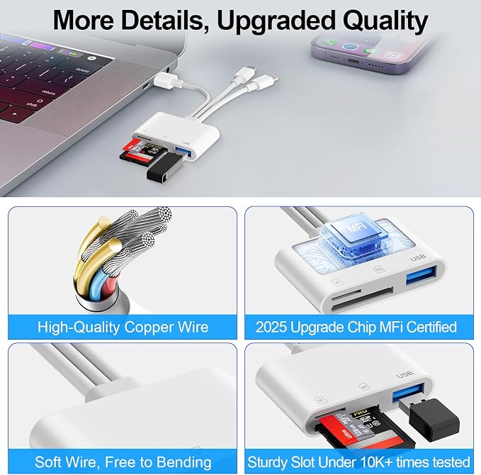 SD Card Reader for iPhone iPad Mac, USB C & Lightning & USB-A 3 in 1 MircoSD/SD - Image 7