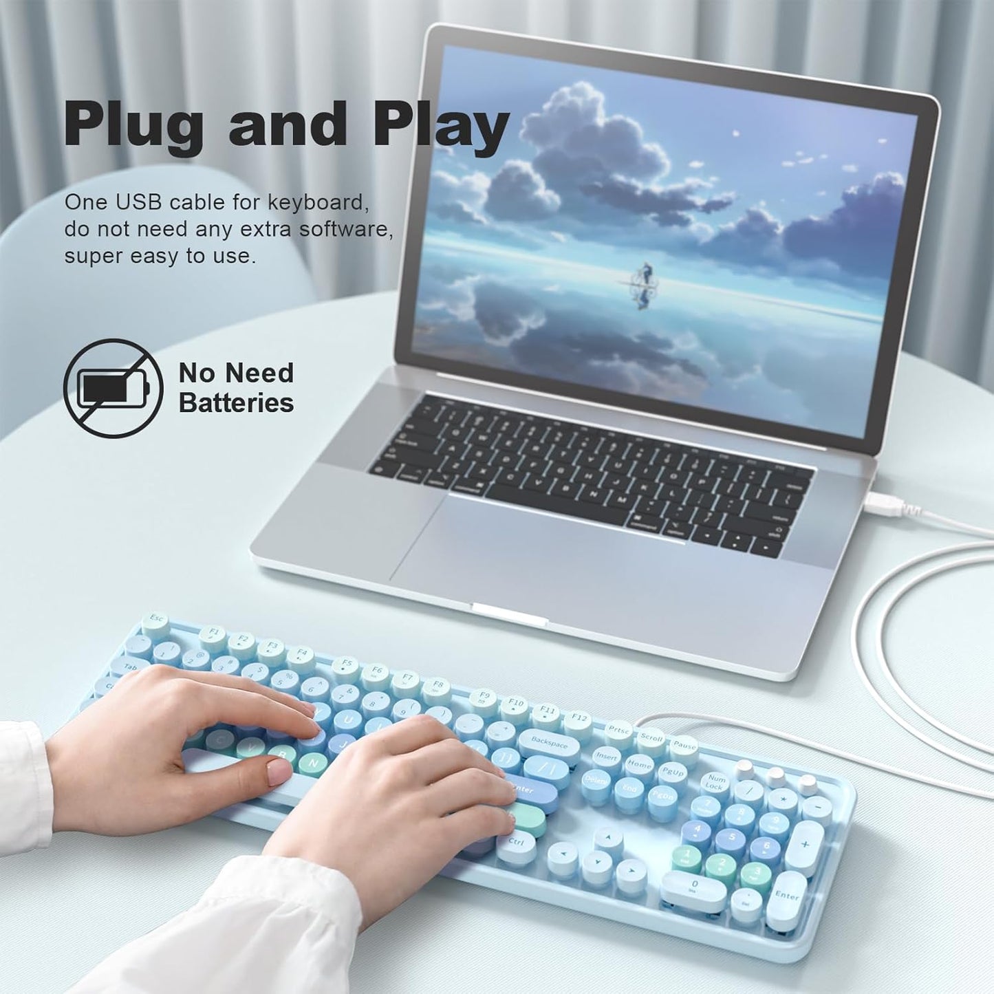 MOFII Keyboard Wired Large Print, Computer Keyboard Plug Play, Colorful Retro Round Typewriter Keyboard with Numeric Keypad and Media Hotkey for Windows PC Laptop (Pale Blue)