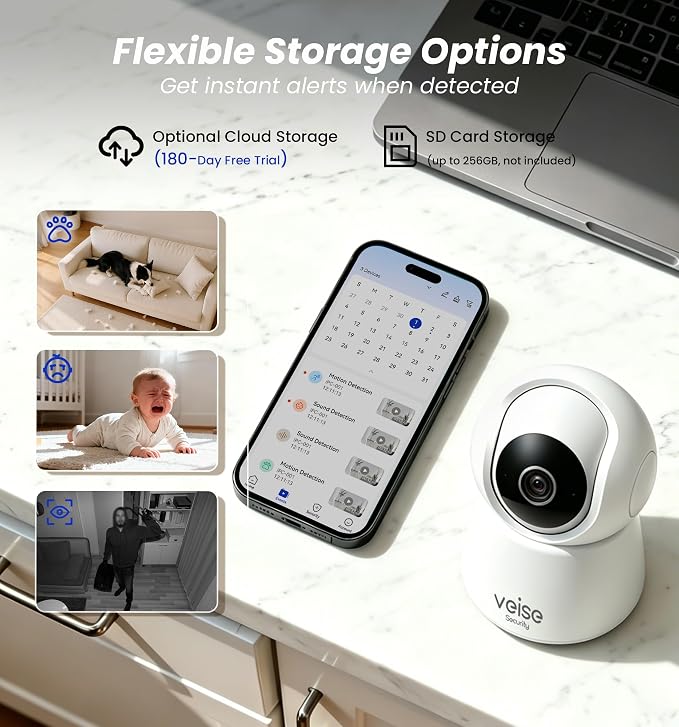Veise 2K Indoor Camera for Home Security, 360° Wireless WiFi Pet & Baby Monitor - Image 7