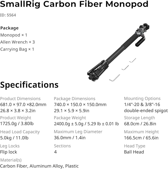 SmallRig 166.5cm / 65.6" Carbon Fiber Monopod - Image 9