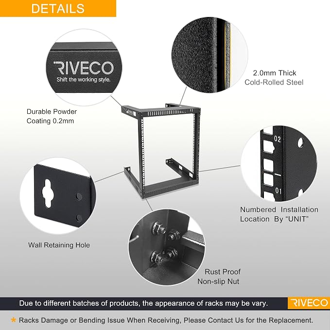 RIVECO 12U 19" Wall Mount Server Rack – 17.7" Deep 2 Post Open Frame Cabinet - Image 3