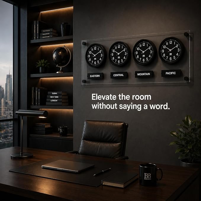 BBHORAIRE Black Time Zone Wall Clock, Silent Quartz Analog World Clock - Image 2