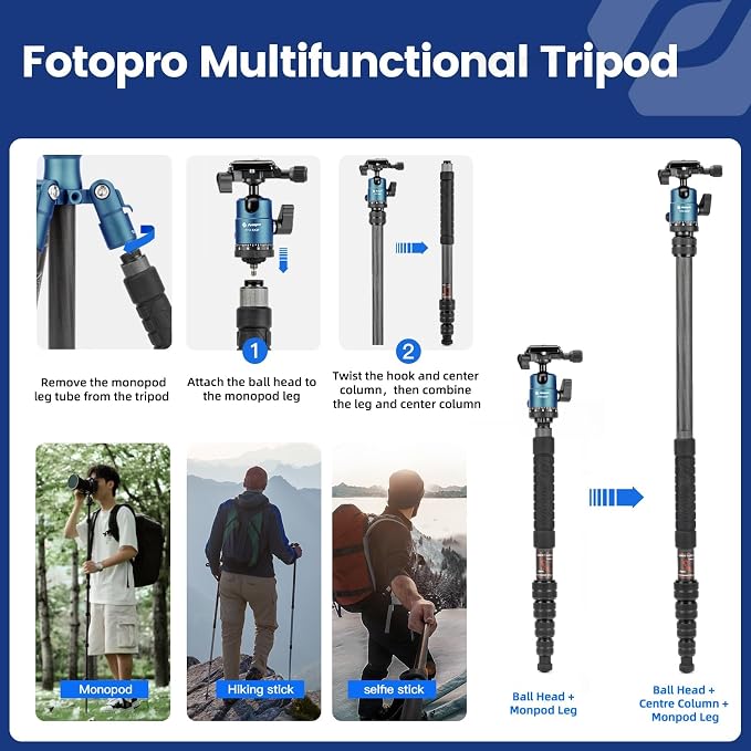 Fotopro 59" Carbon Fiber Travel Tripod Compact Camera Tripod - Image 3