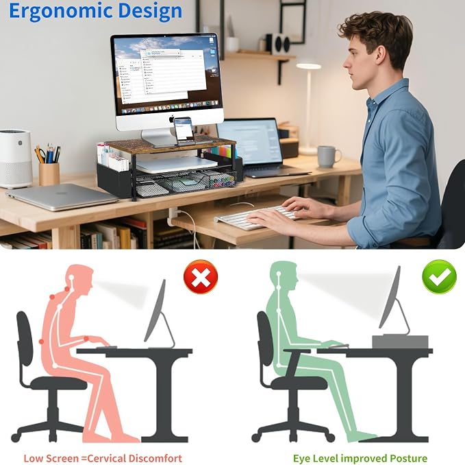 AUPSEN Wood Desk Organizers and Accessories, 2-Tier Computer Monitor Stand Riser - Image 2