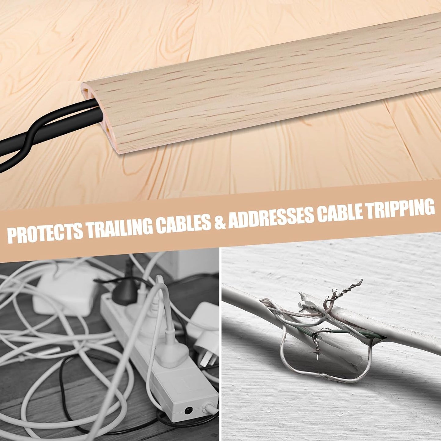 Floor Cord Cover Self Adhesive Cord Hider,10FT Cable Management, Extension Strip Protector for Wires, Prevent Cable Trips for Offices, Gyms, Exhibitions Cavity:0.3"(W) x 0.28"(H) Yellow Wood
