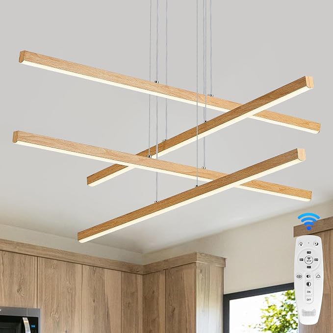 Linear Pendant Light Mdoern LED Chandelier 32" Boho Oak Wood Painted Ceiling - Image 8