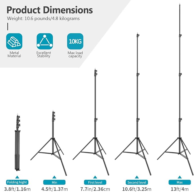 Neewer Heavy Duty Light Stand, Metal 13ft/4m Adjustable Photography Tripod C - Image 2