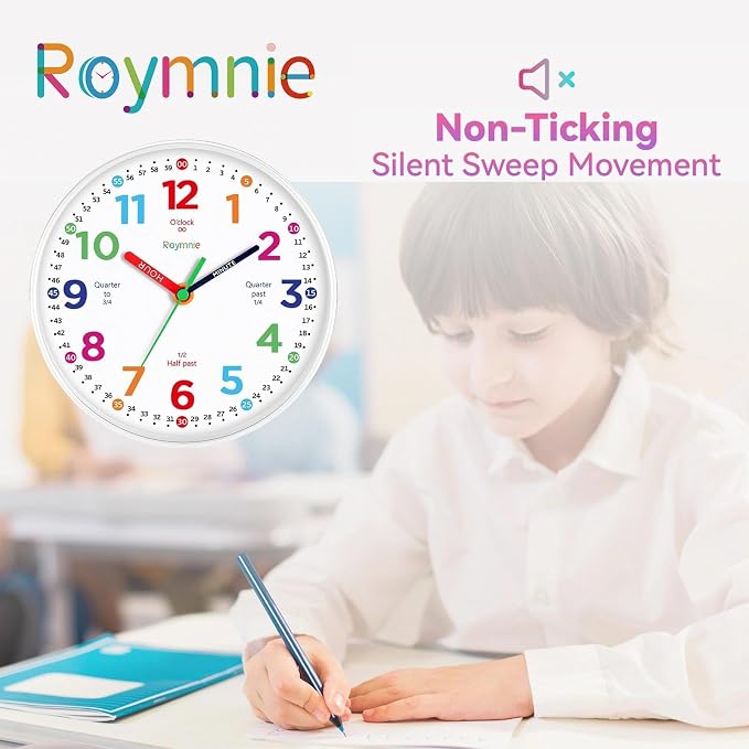 Roymnie Wall Clock 10 Inch for Kids Learning Kids Teaching Clock Analog Silent - Image 8
