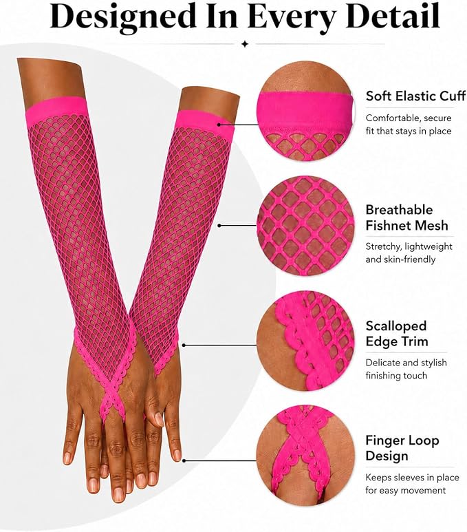 Seeksmile Women's Girls 80's Theme Party Emo Fingerless Arm Fishnet Gloves - Image 4
