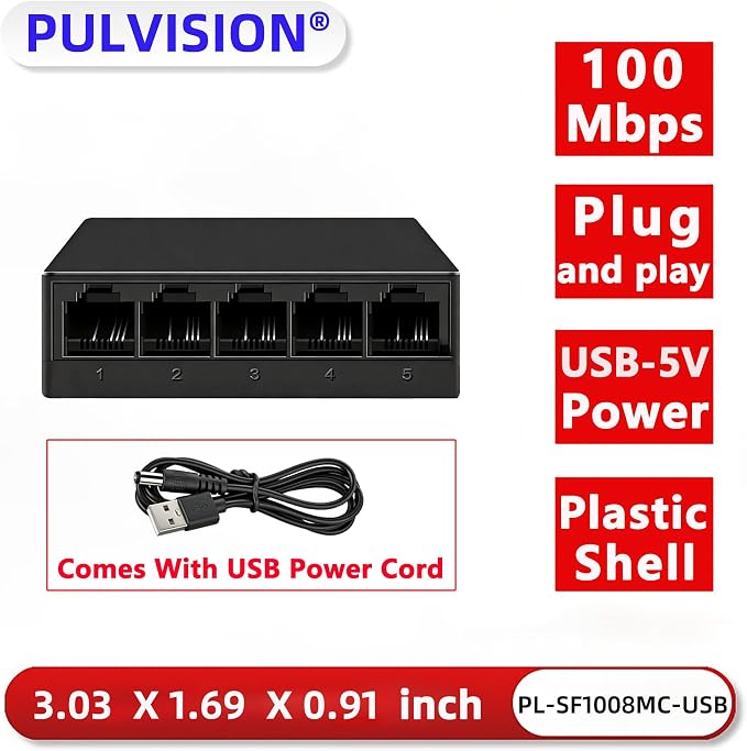 5 Port Fast Ethernet Switch 100Mbps USB 5V Powered Black Plastic Desktop - Image 2
