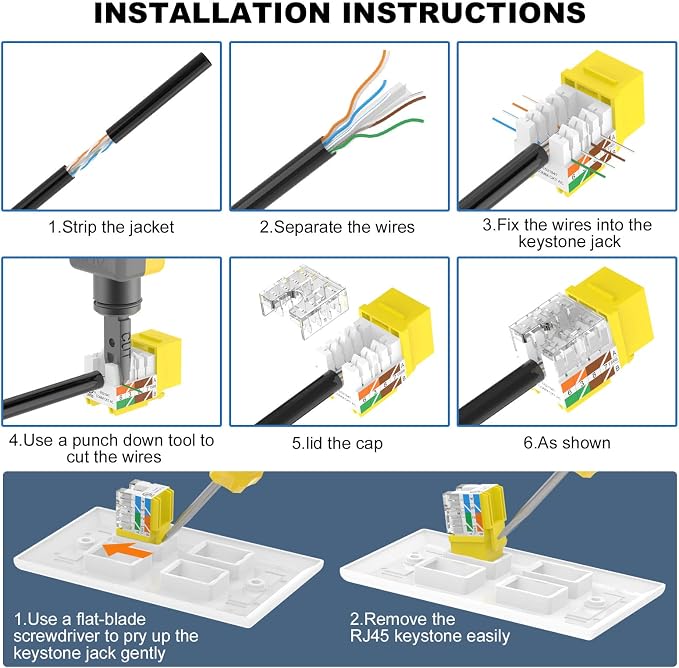 VCE UL Listed Cat6 RJ45 Keystone Jack Insert 25-Pack, 90 Degree Punch Down - Image 8