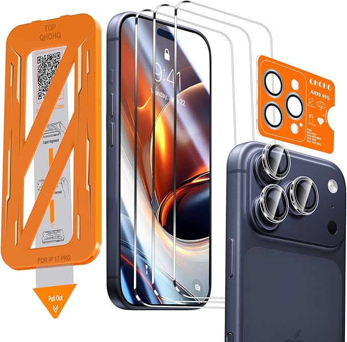 QHOHQ 3 Pack Screen Protector for iPhone 17 Pro + 1 Set Camera Lens Protector by QHOHQ