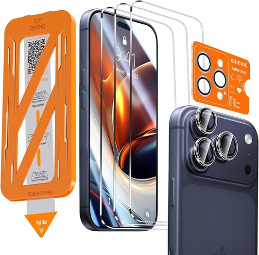 QHOHQ 3 Pack Screen Protector for iPhone 17 Pro + 1 Set Camera Lens Protector by QHOHQ