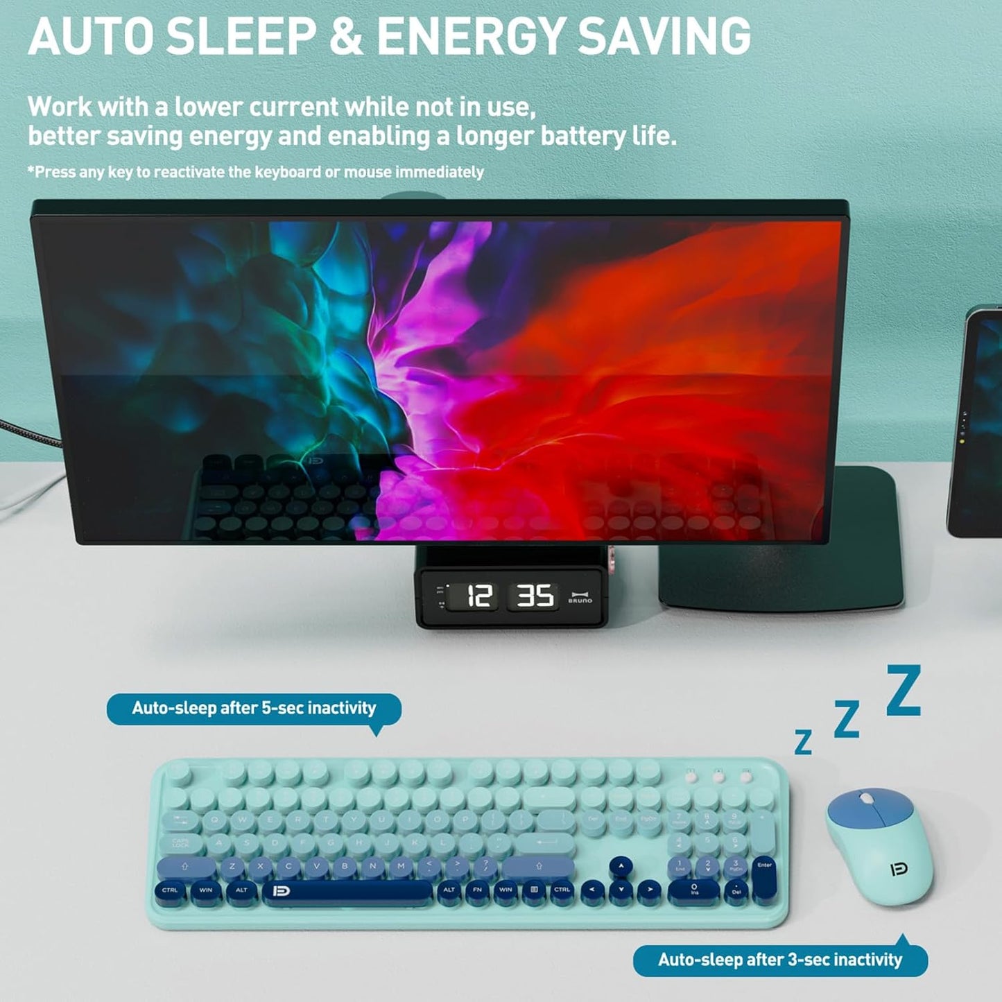 Keyboard and Mouse Wireless,2.4Ghz Retro Typewriter Style Round Keycap,Full Size Wireless Keyboard Mouse Combo,Cute Cordless Keyboard Mouse Set for PC Laptop Desktop Computer-Blue Black Colorful