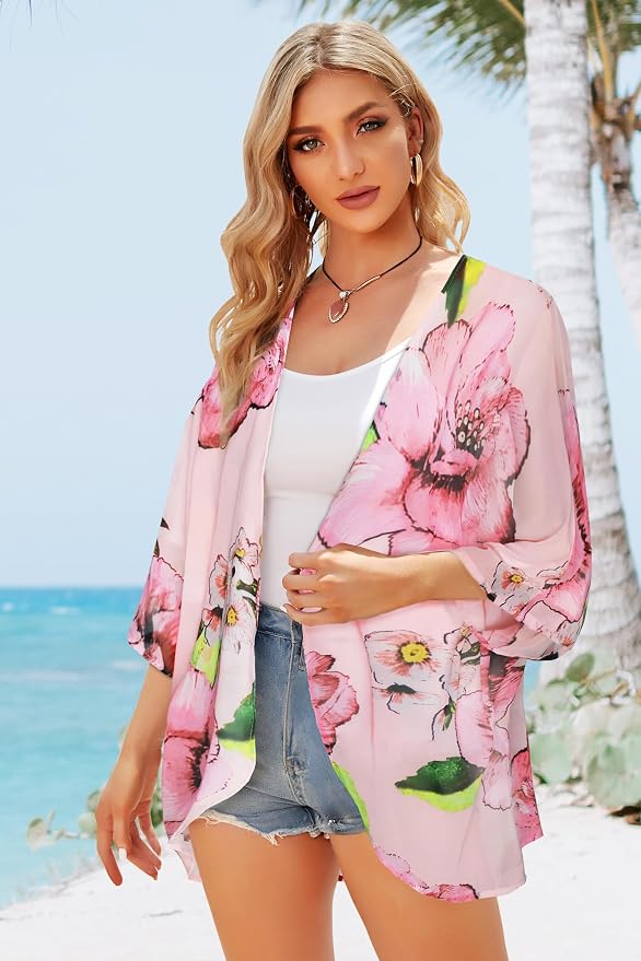 Women's Floral Print Puff Sleeve Kimono Cardigan Loose Cover Up Casual Blouse - Image 3