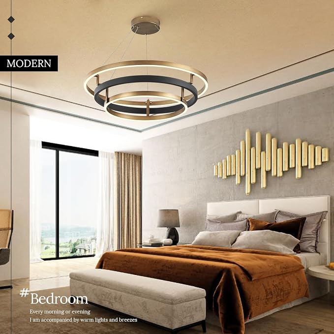 3 Ring LED Chandelier Black Gold Chandelier Light Fixture Dimmable Round Foyer - Image 9