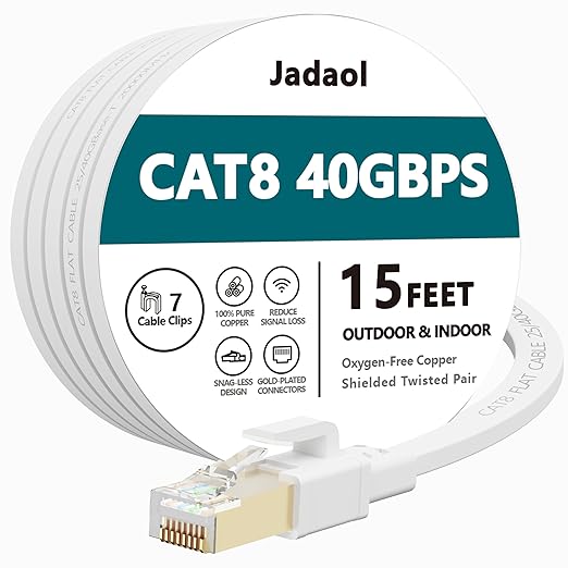 Jadaol Cat 8 Ethernet Cable 15 ft, 40Gbps 2000MHz Flat RJ45 S/FTP LAN Patch by Jadaol