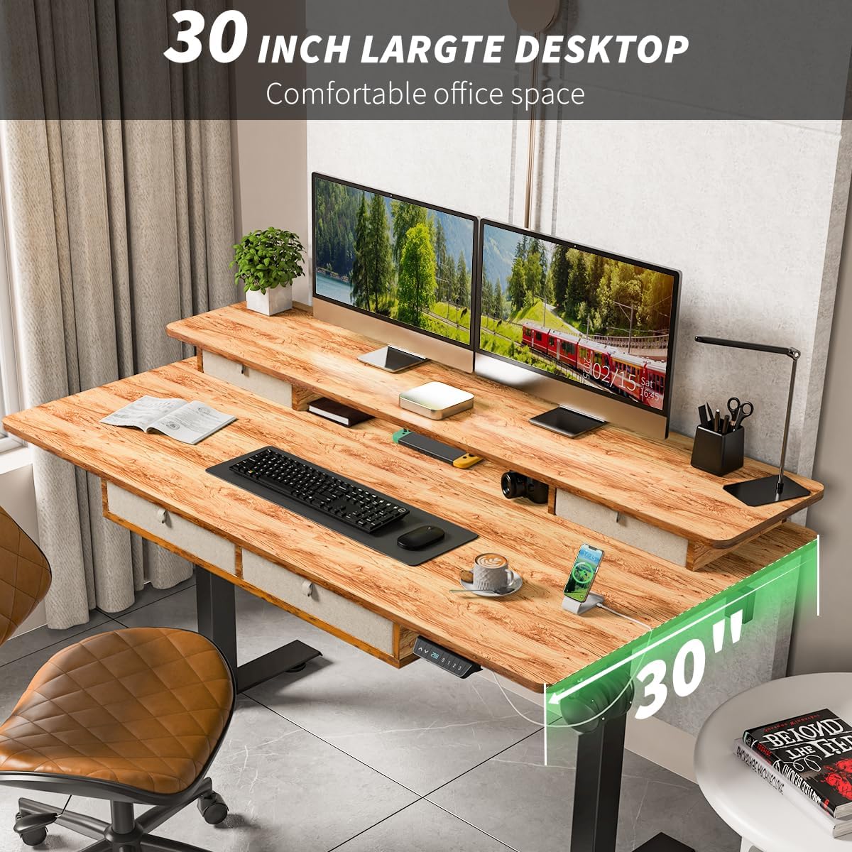 Standing Desk with Fast Charging USB Ports, 63" x 30" Height Adjustable Home Office & Gaming Desk, Sit Stand Desk with Built-in Storage Shelf, Hook & Ergonomic Design(Light Rustic)