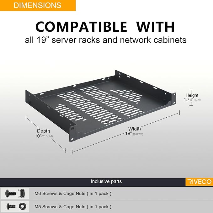 RIVECO 2 PCS 10” Rack Shelves for 19 inches Network Rack & Cabinets, 1U Rack - Image 5