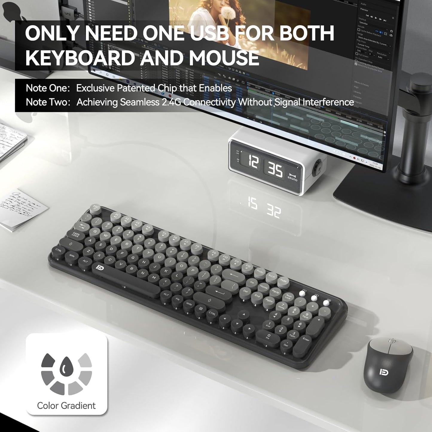 FOPETT Wireless Keyboard and Mouse Combo - Cute Colorful Mouse and Keyboard 2.4G Full-Sized with 104 Round Keys Retro Typewriter Keyboards for Laptop/Windows/PC - Grey Gradient