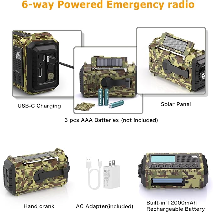 12000mAh/44400mWh Weather Radio, Hand Crank Emergency Radio Portable AM FM - Image 4