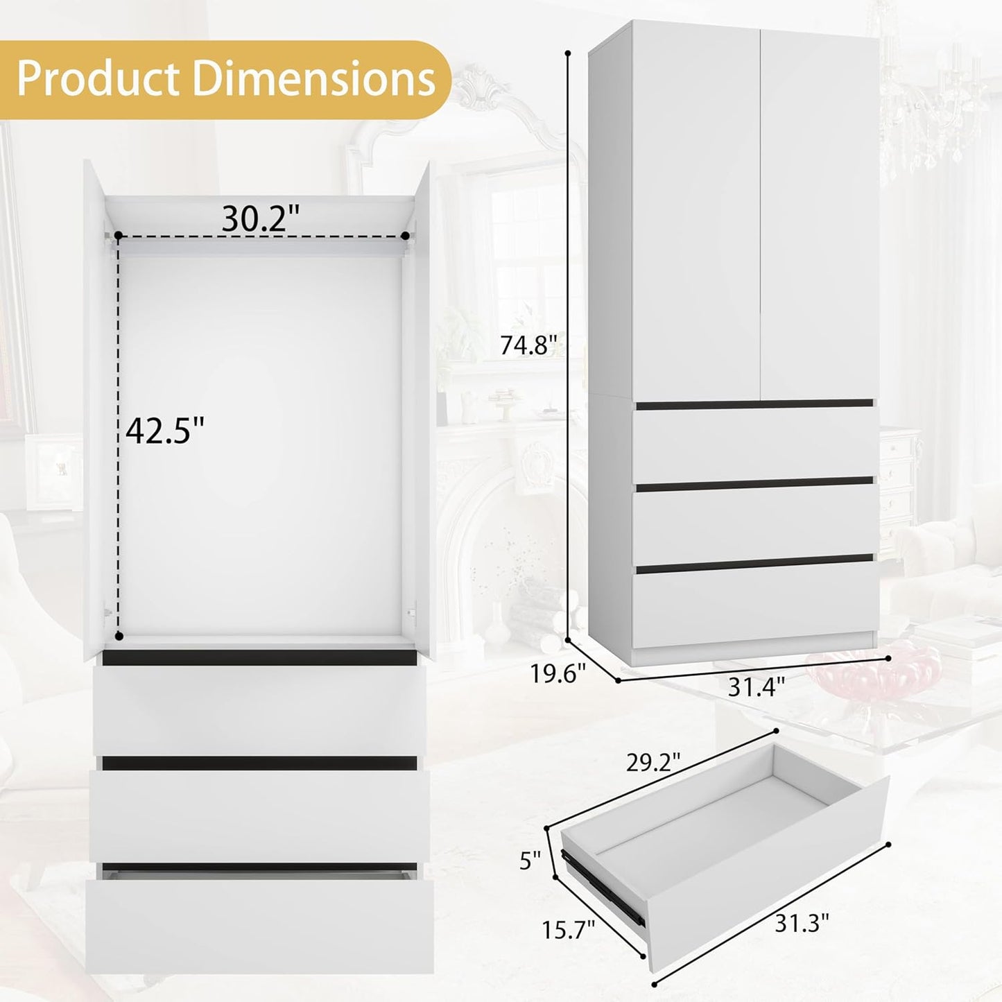 Bedroom Armoire Wardrobe Closet with 9 Drawers: White Wardrobe Closet with 6 Doors, Modern Cabinet for Clothes with Shelves, Wooden Armoire for Hanging Clothes (Modern, 3)