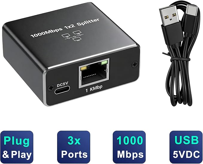 3 Port Gigabit Wired Ethernet Switch 1000Mbps USB Type-C 5V Powered Aluminum - Image 3