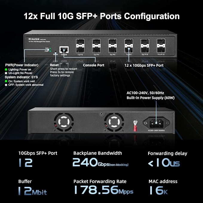 MokerLink 12 Port 10G SFP+ Managed Fiber Switch, 1G/10G SFP Slot, L3 Web/CLI - Image 4