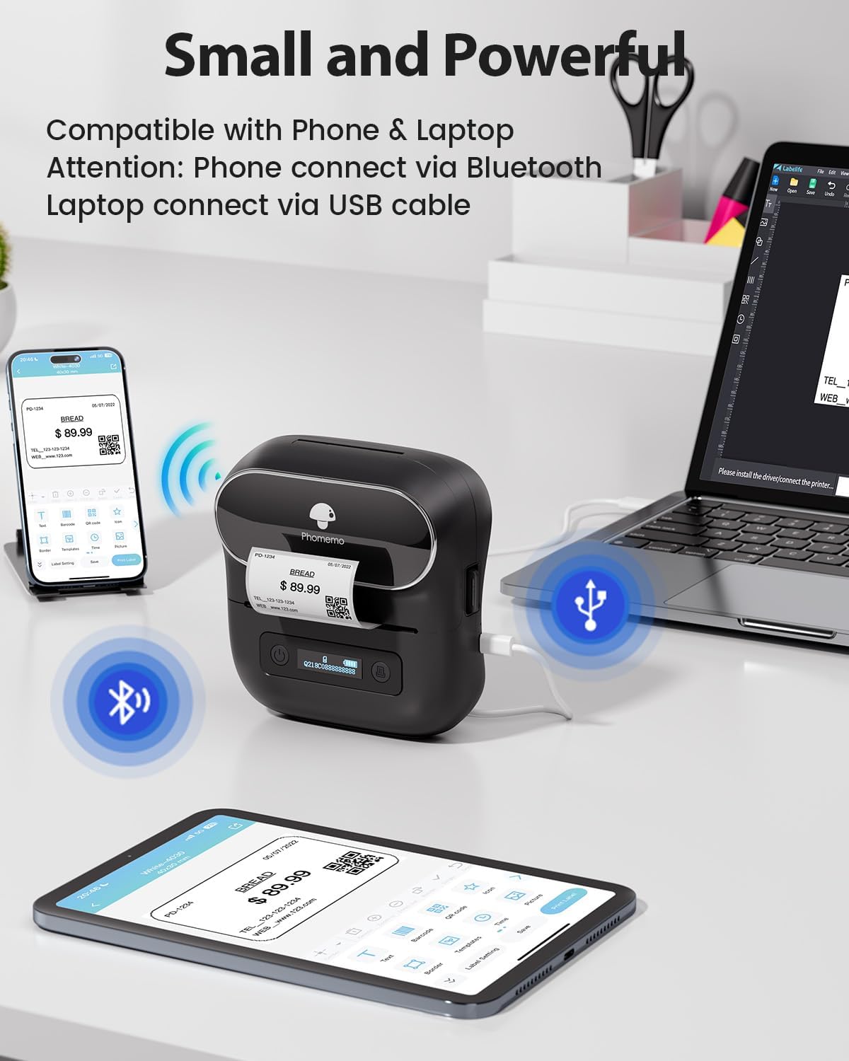 Phomemo M220 Label Maker, Bluetooth Printer, 3.14 Inch Portable Thermal Label Maker Machine for Barcode, Labeling, Organizing, Small Business, Compatible with iOS & Android, with 3 Label