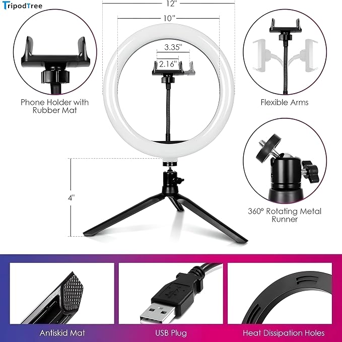 12" Selfie Ring Light with 4" Desktop Tripod Stand & 1 Phone Holder, LED - Image 3