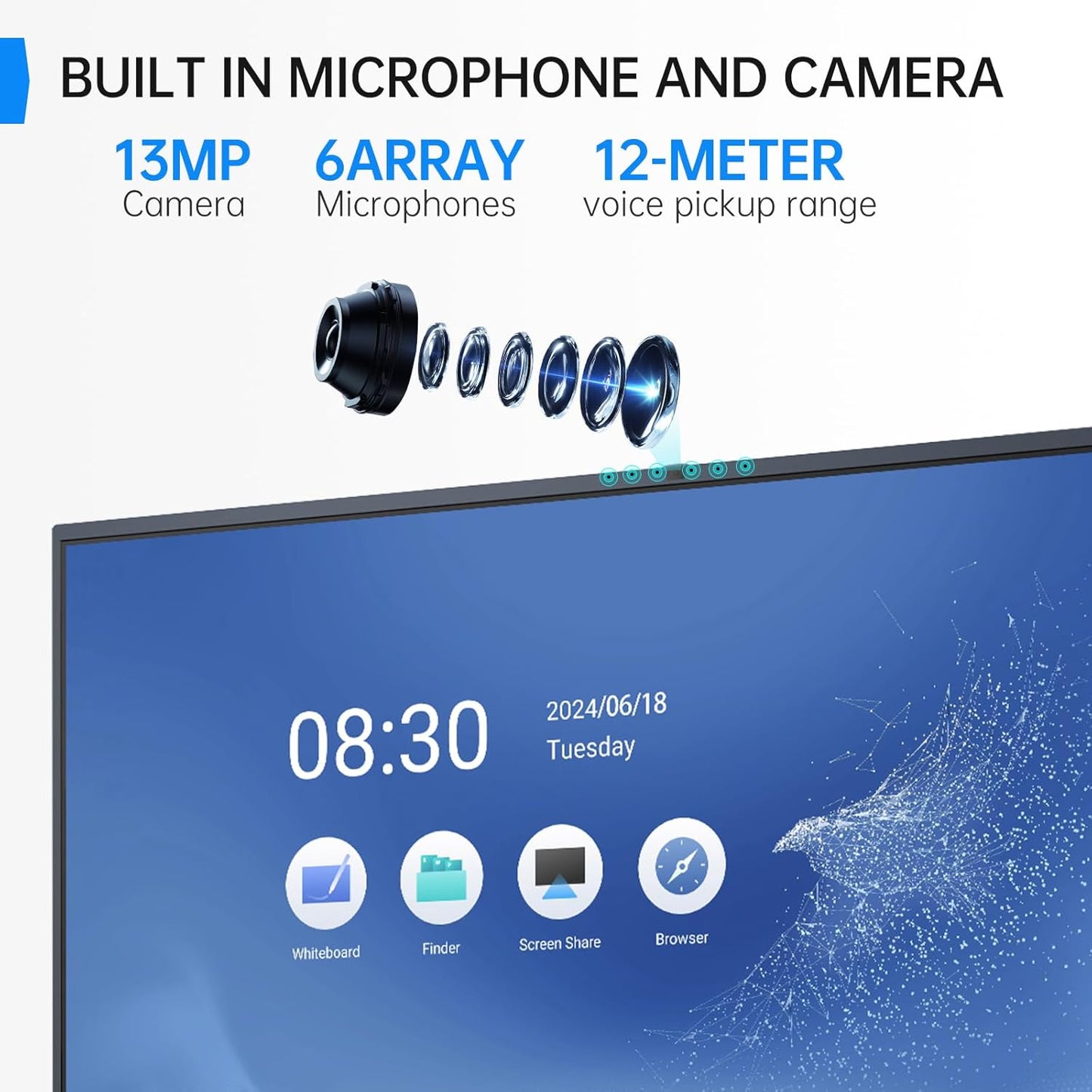 65" Smart Board for Classroom, 4K UHD Interactive Whiteboard Display, 13MP Camera w/6 Mics, Electronic Whiteboard for Business and Education(Board & Wall Mount Included)