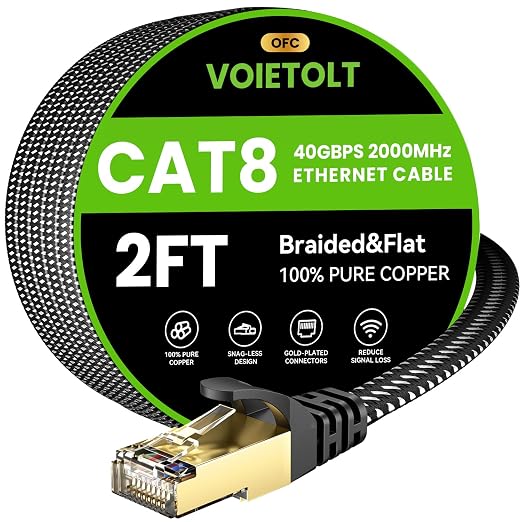 Cat 8 Ethernet Cable 2 FT Flat, High Speed 40Gbps 2000Mhz Braided Internet Cable by EthernetCable