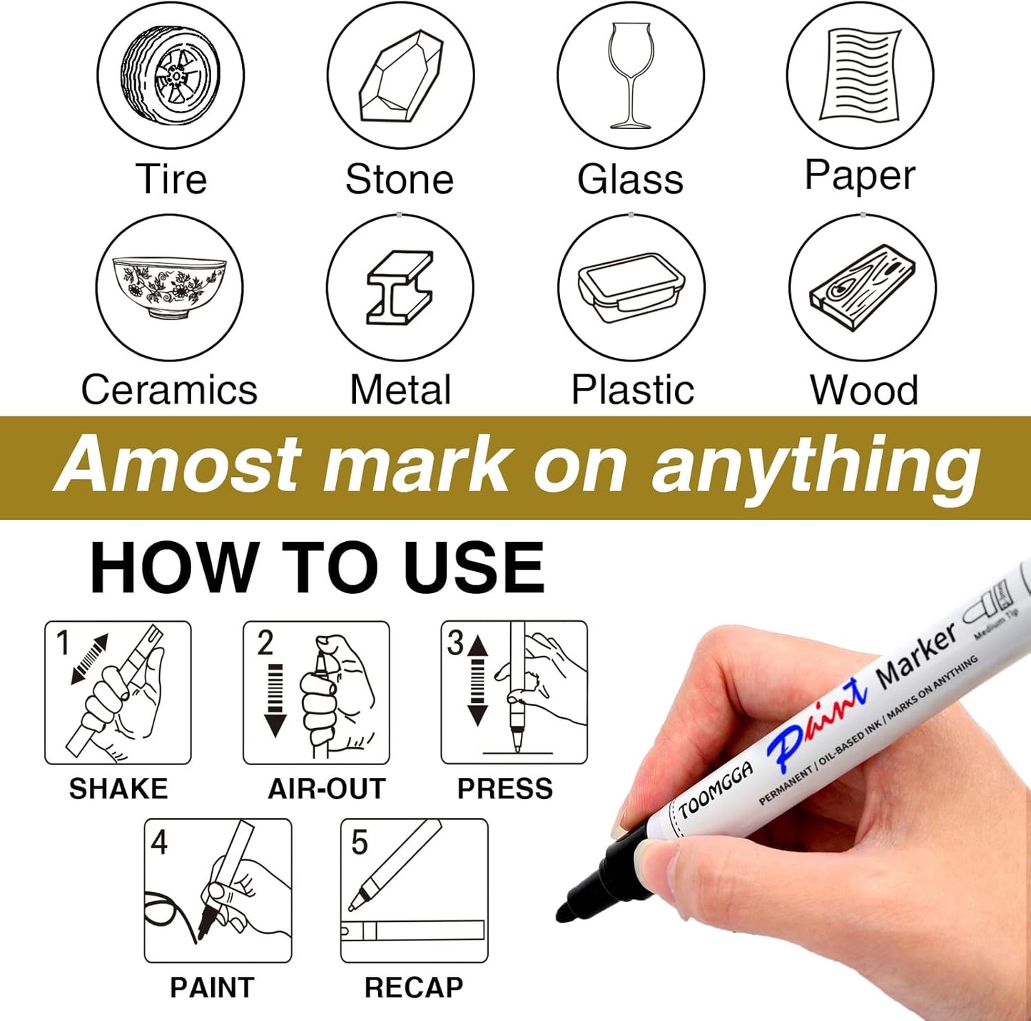 White Paint Pens Permanent Paint Markers - 8 Pack Oil Based Marking Pens, Medium Point, Quick Drying and Waterproof Pens for Rock Painting Car Tyre Metal, Plastic, Canvas, Wood, Glass