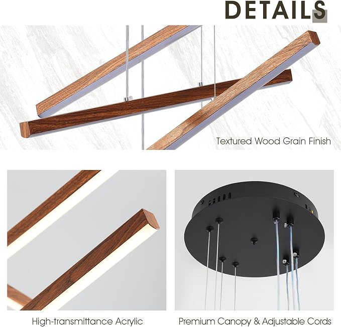 LED Linear Pendant Light for Dining Room Wood Grain Finish 4 Light LED - Image 7