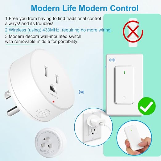 15 amp Plug with Remote, Wireless On/Off Light Switch Wall Mounted, TUV List - Image 2
