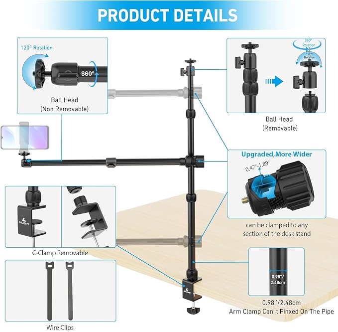 Ailight Overhead Camera Mount Desk Stand, 15.75"-33.45" Webcam Mount - Image 5