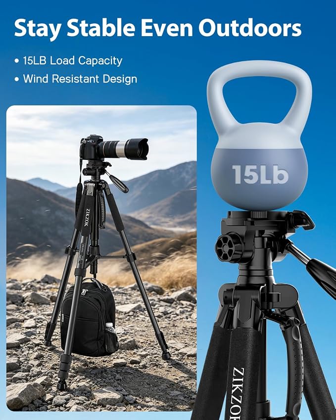 75" Camera Tripod, Aluminum Heavy Duty Camera Stand - Image 4