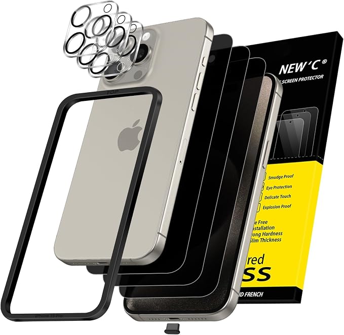 NEW'C 3x Privacy for iPhone 15 Pro Screen Protector+ 3x Camera Lens Protector by NEWC