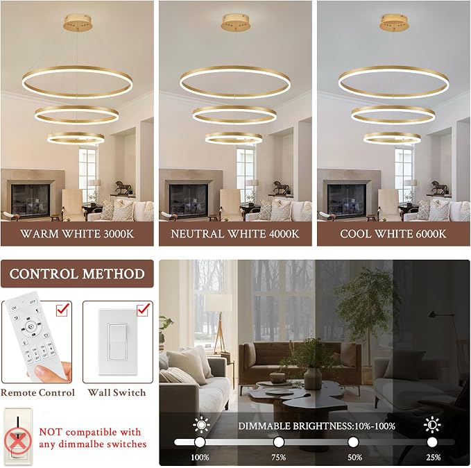 3-Rings Modern LED Chandelier Gold, Dimmable Pendant Lighting - Image 2