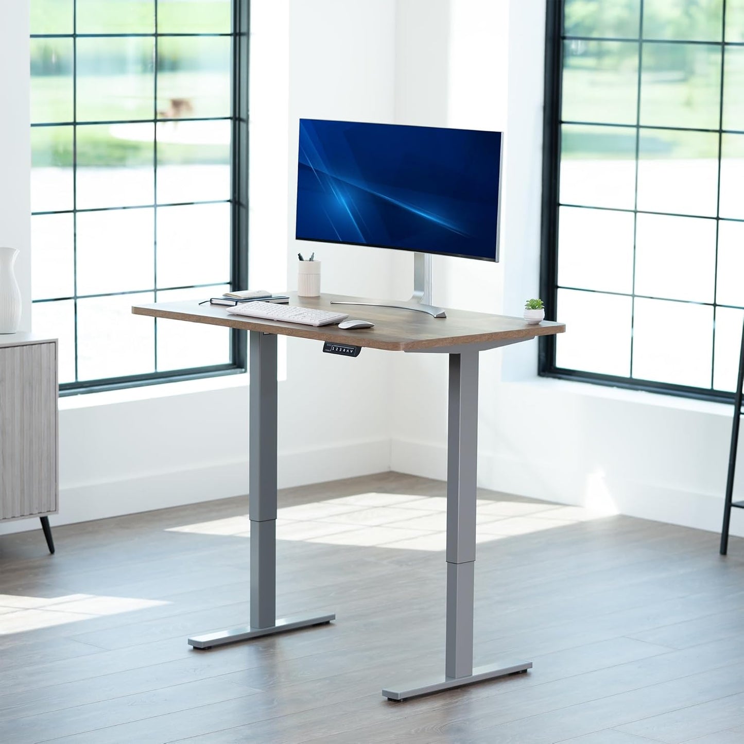VIVO Electric 43 x 24 in Standing Desk, Memory Height Adjustment, 1B Series, One-Piece Reclaimed Wood Top, Gray Frame, DESK-KIT-1G4P
