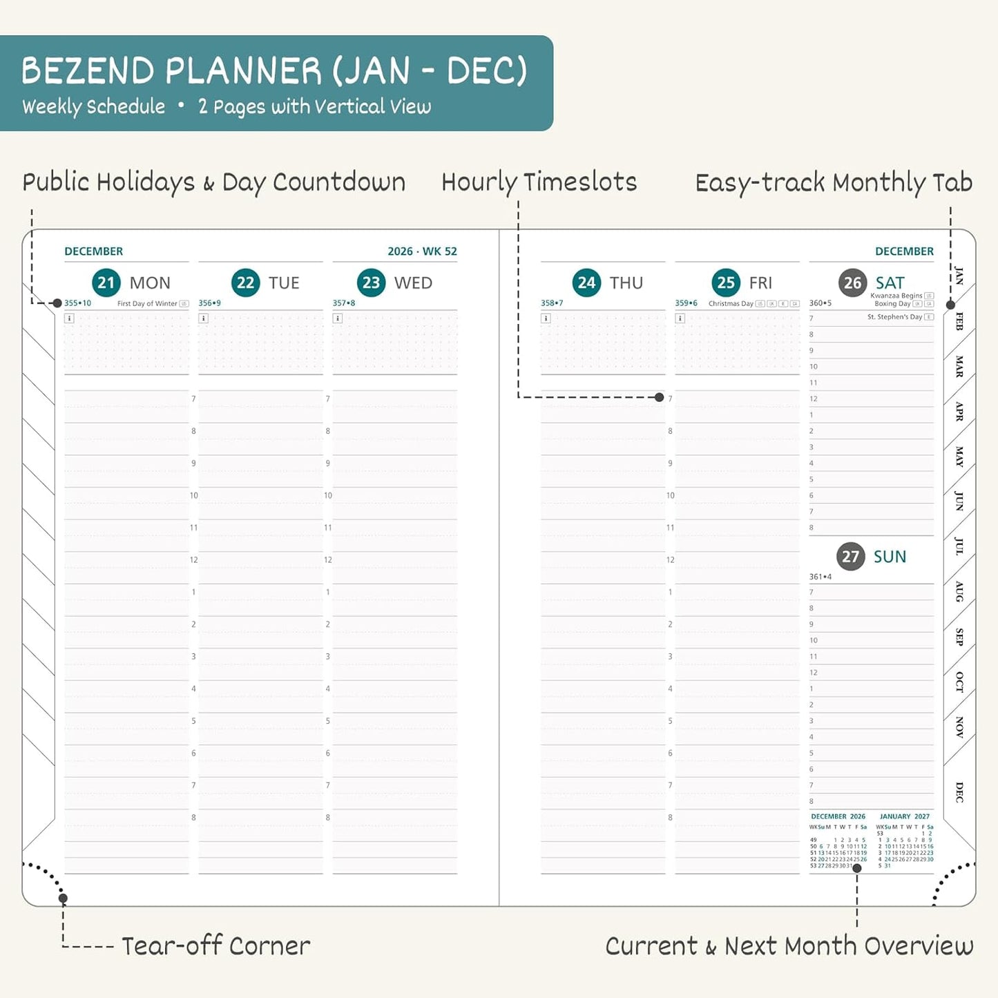 BEZEND 2026 Planner Weekly and Monthly (6" x 8.5") Daily Calendar with Half-Hourly Timeslots & Tabs (Jan-Dec) Note & Expenses, Pen Holder, Inner Pocket, Vegan Leather Hardcover - Blueberry