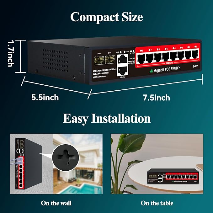STEAMEMO 8-Port Gigabit PoE Switch | 2×Gigabit Uplinks + 2×1.25G SFP, AI VLAN - Image 6