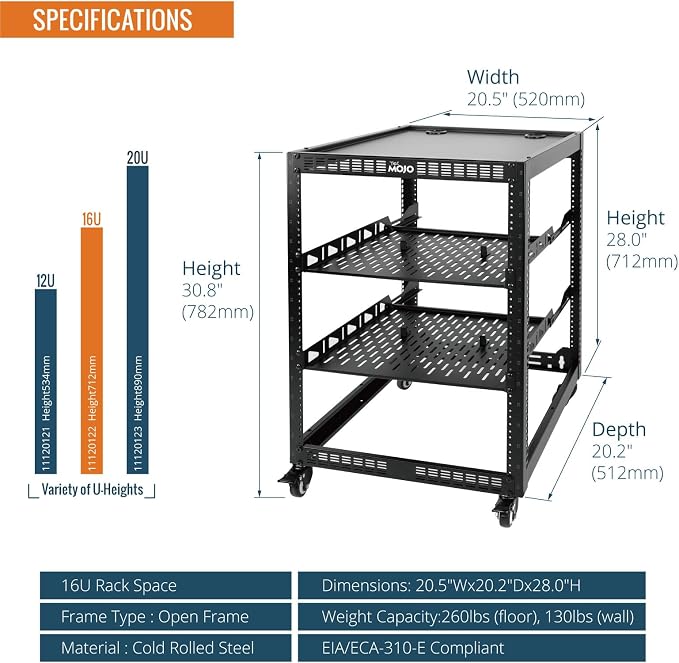 TECMOJO 16U Open Frame Network Rack - Image 2