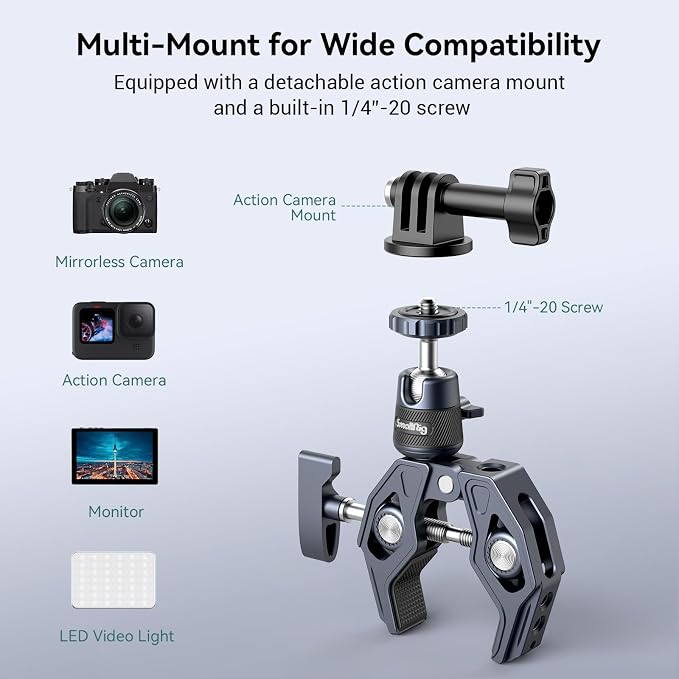 SMALLRIG Camera Mount Clamp, Gopro Motorcycle and Bike Handlebar Mount Kit - Image 2