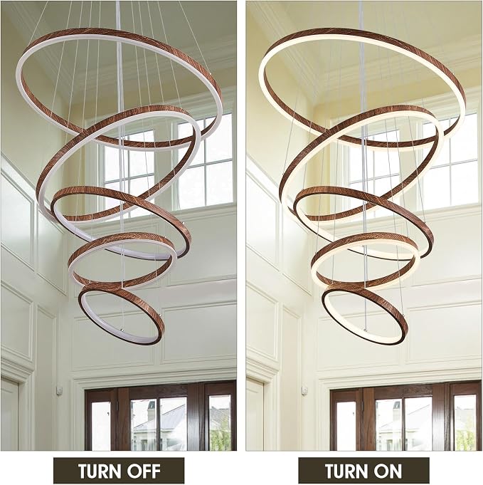 Modern LED Ring Chandelier 5-Light Chandelier Wood Grain Dimmable Round Foyer - Image 5